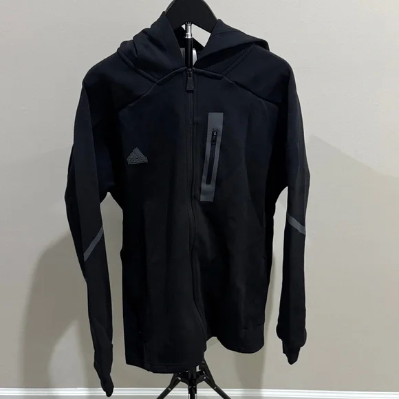 adidas Black Hooded Performance Zip-Up Jacket - Picture 1 of 4
